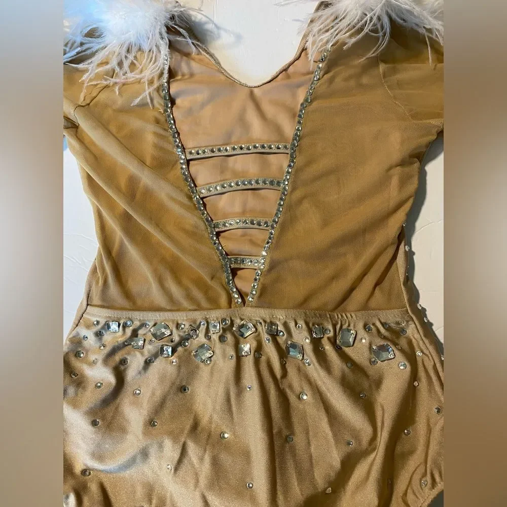 Glamour solo Crystal rhinestone feather dance costume nude tan SA-Small adult